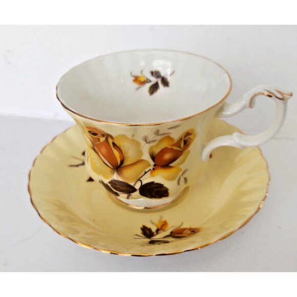Royal Albert Bone China Yellow Teacup & Saucer Set - Yellow/Red Rose - Picture 1 of 11